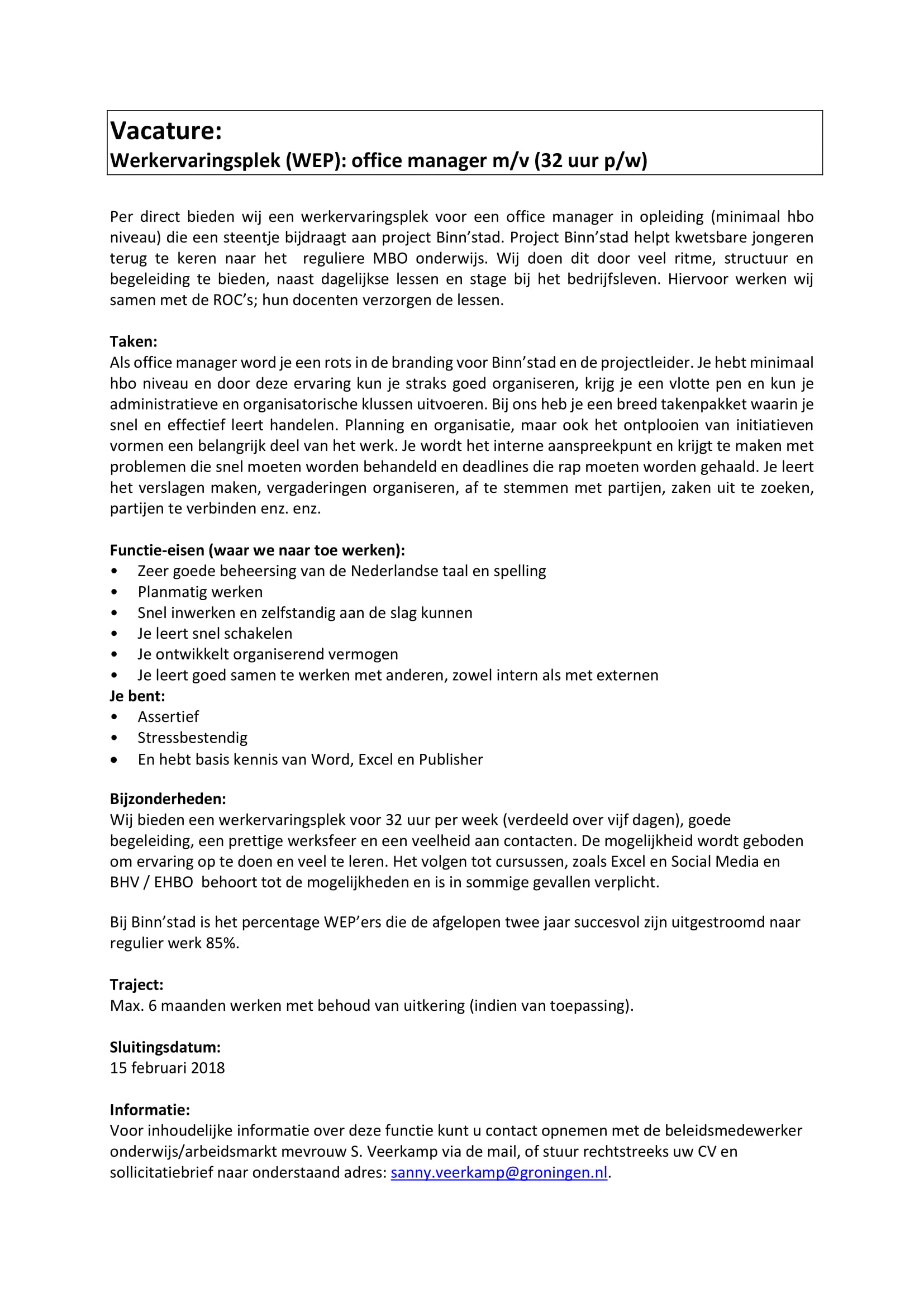 WEP vacature office manager  - Opleiding Binn'stad Groningen
